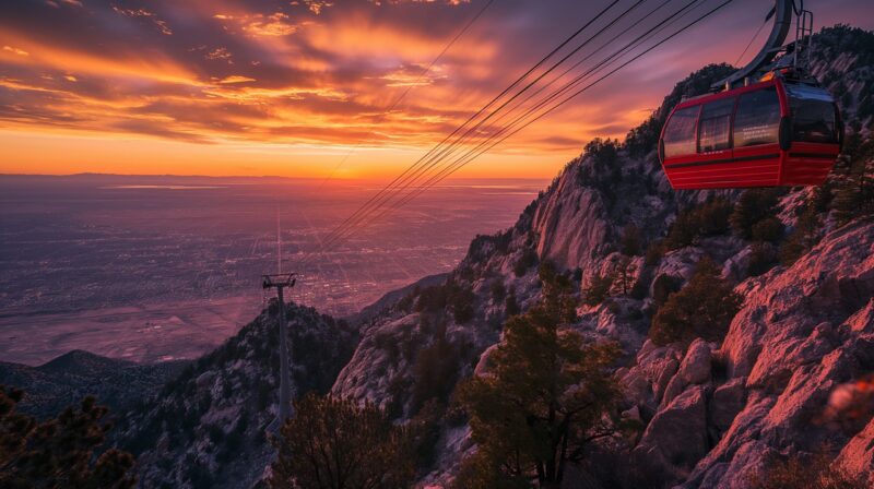 A beautiful scenery and view of Sandia Peak Tramway, mountains and sunset
