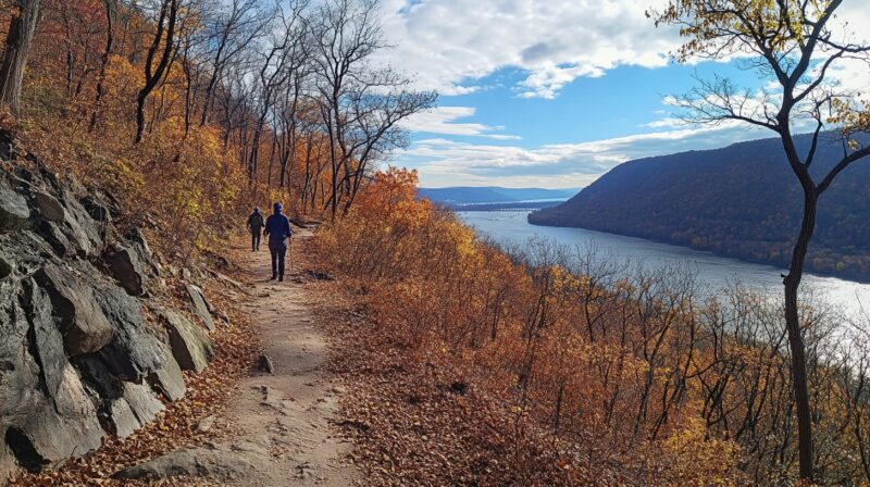 Hikers walking along the scenic Breakneck Ridge Trail, surrounded by vibrant autumn foliage and overlooking a river with mountains