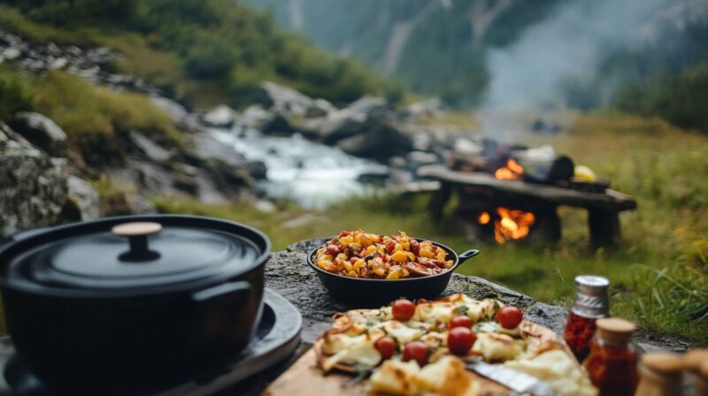 outdoor picnic setup by a riverside, featuring a variety of cooked dishes including a vegetable medley in a skillet and a pizza on a wooden board, with a campfire burning in the background